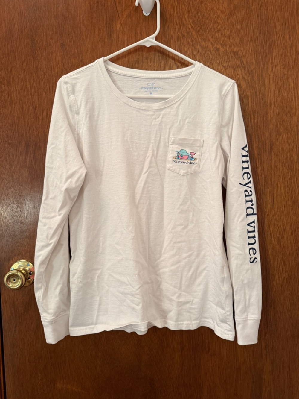 Vineyard Vines White Crewneck Tee with Blue Logo and Pink Whale on Blanket